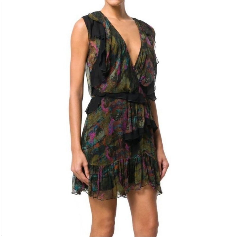 IRO Julia Silk Marbled Watercolor Frill Mini Dress Sz 38